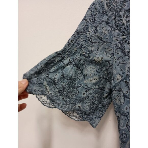 Frye Womens Blouse Medium Blue Paisley Eyelet BOHO Keyhole Back Ruffle Top - Picture 4 of 11